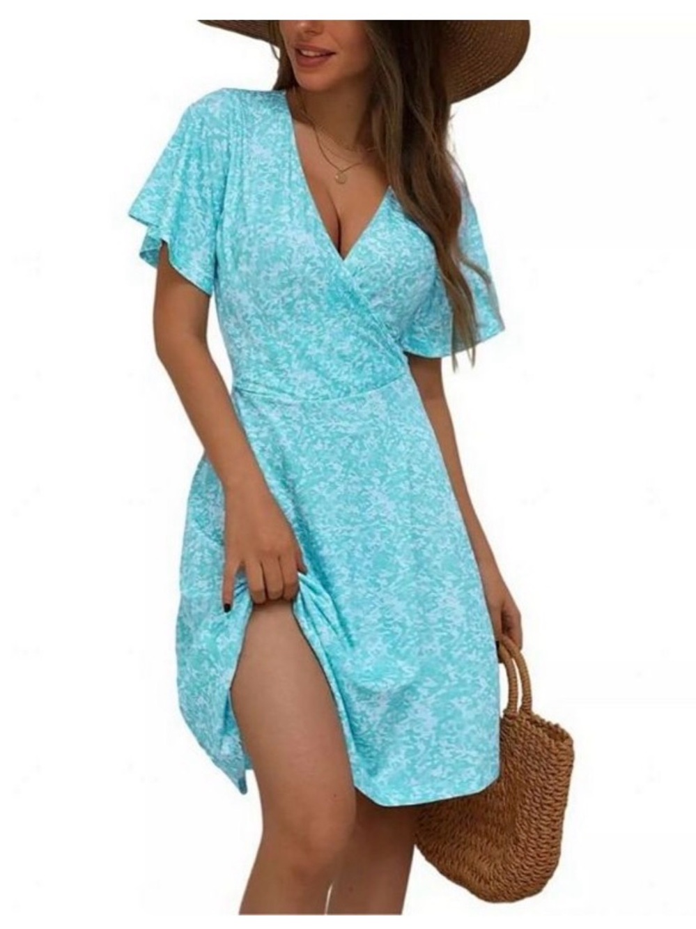 Women’s Kojooin Summer Floral Shortsleeve Wrap V Neck Line Midi Dress Size M NWT